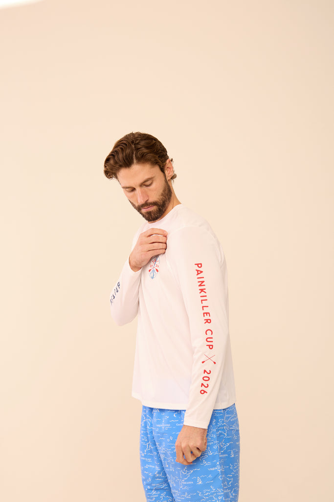 Man wearing a long-sleeve shirt with text on a beige background in HIHO VI Map swim trunks