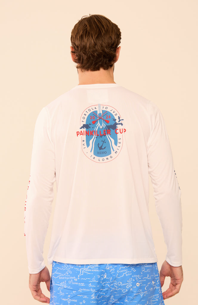 Person wearing a white long-sleeve shirt with a graphic design on the back, standing against a beige background.