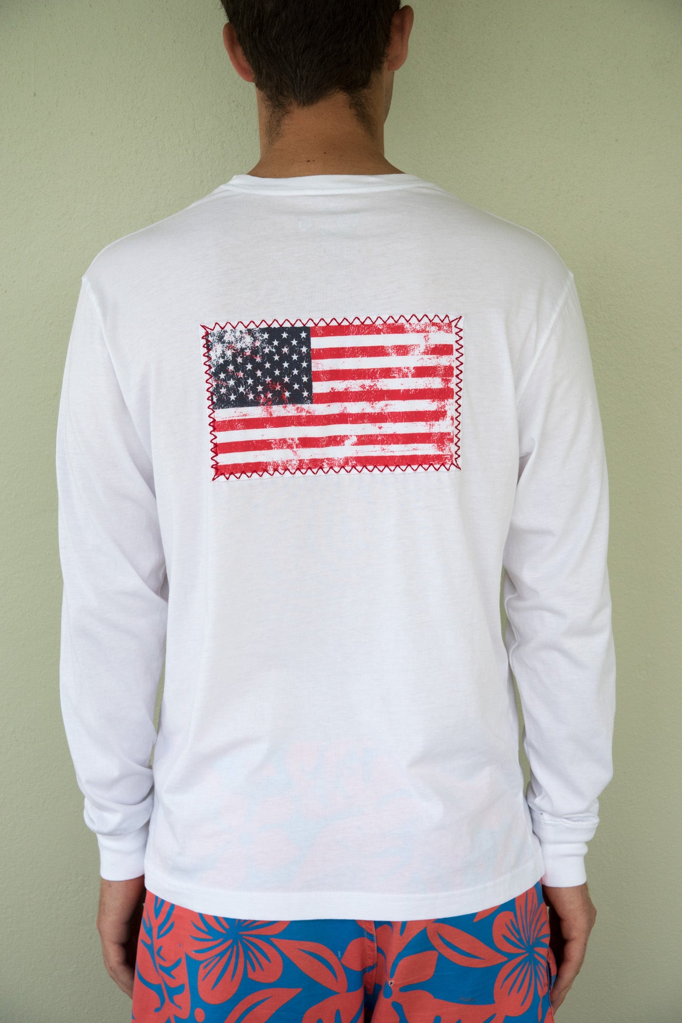 Long Sleeve USA Flag Patch T-Shirt - White White / L